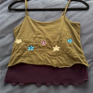 ROMWE Olive and Purple Floral Embroidered Camisole